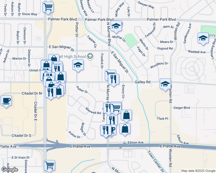 map of restaurants, bars, coffee shops, grocery stores, and more near 4303 Galley Road in Colorado Springs