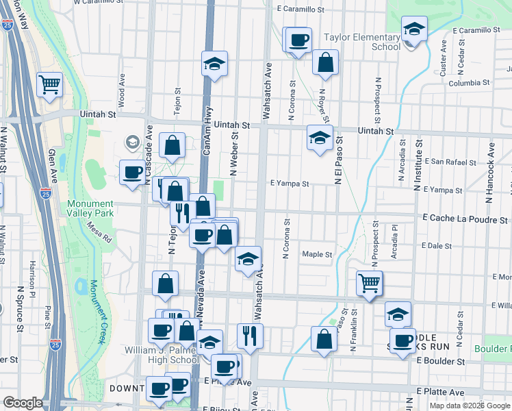 map of restaurants, bars, coffee shops, grocery stores, and more near 911 North Wahsatch Avenue in Colorado Springs