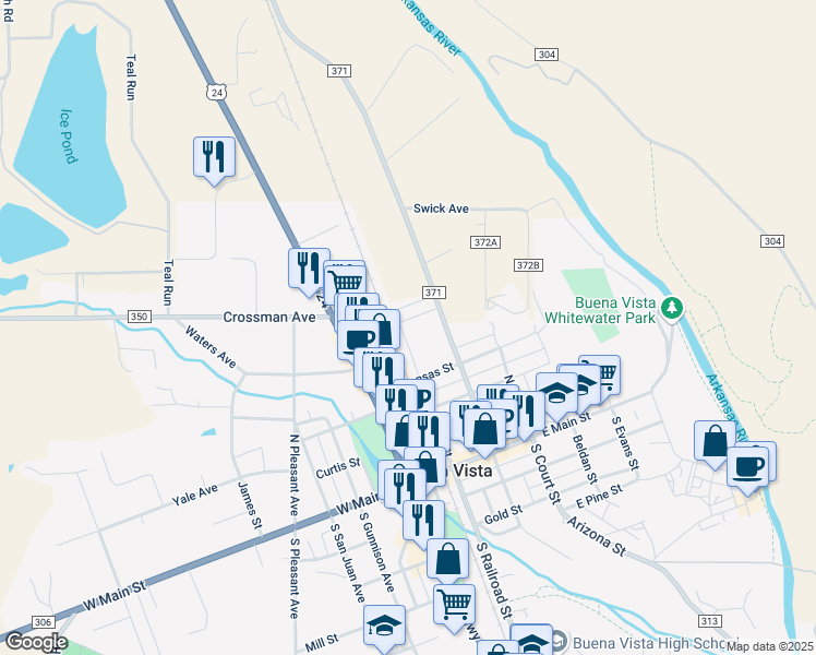 map of restaurants, bars, coffee shops, grocery stores, and more near 29575 County Road 371 in Buena Vista