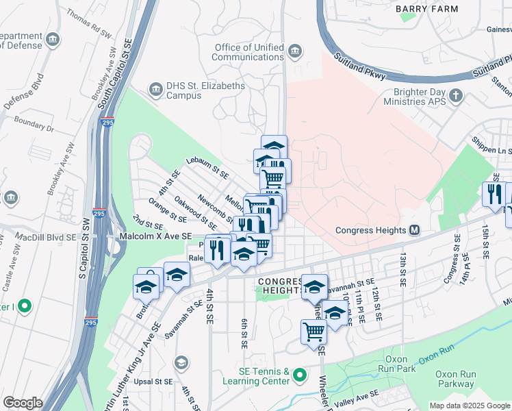 map of restaurants, bars, coffee shops, grocery stores, and more near 557 Lebaum Street Southeast in Washington