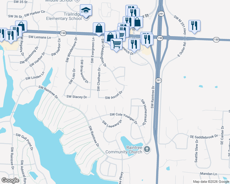 map of restaurants, bars, coffee shops, grocery stores, and more near 216 Southwest Ascot Circle in Lee's Summit