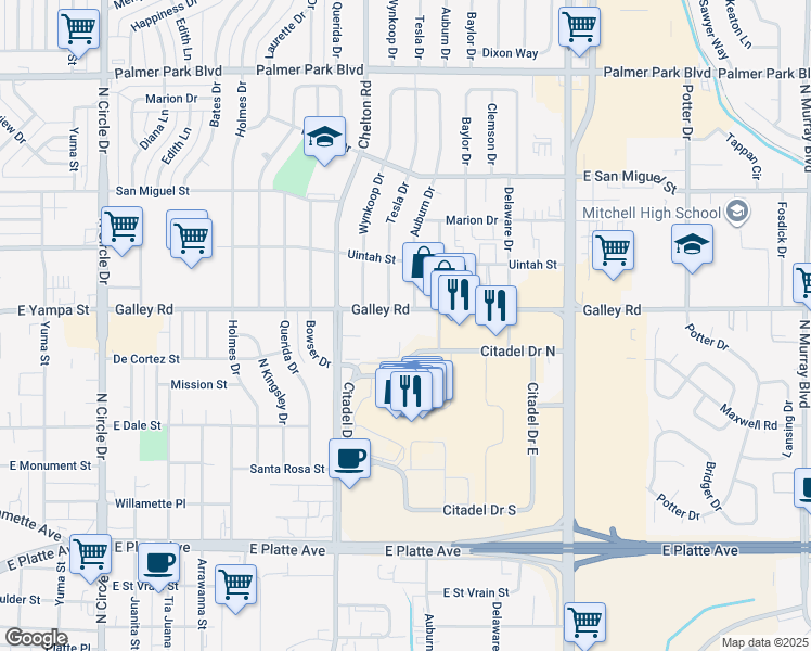map of restaurants, bars, coffee shops, grocery stores, and more near 1003 Tesla Drive in Colorado Springs