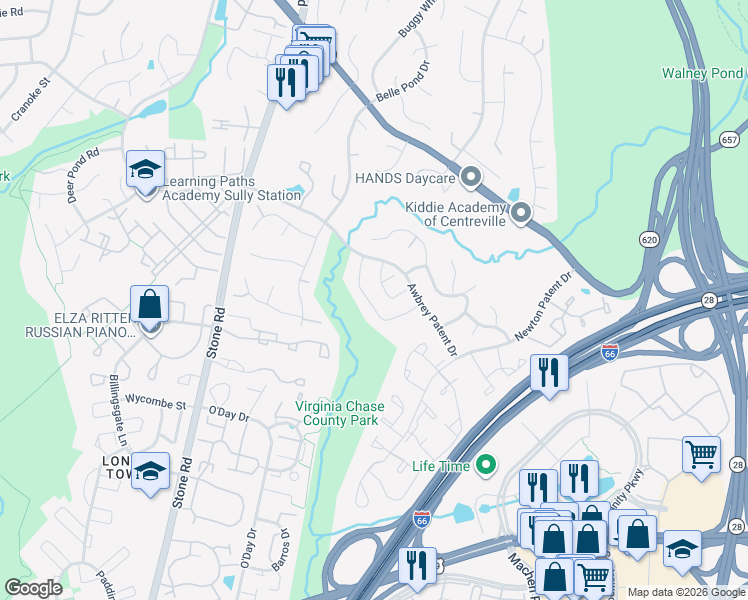 map of restaurants, bars, coffee shops, grocery stores, and more near 14480 Four Chimney Drive in Centreville