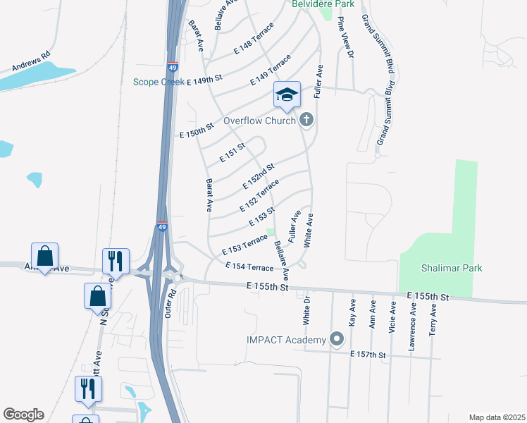 map of restaurants, bars, coffee shops, grocery stores, and more near 6206 East 153 Street in Grandview
