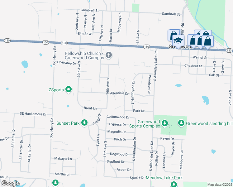 map of restaurants, bars, coffee shops, grocery stores, and more near 1507 Allendale Drive in Greenwood