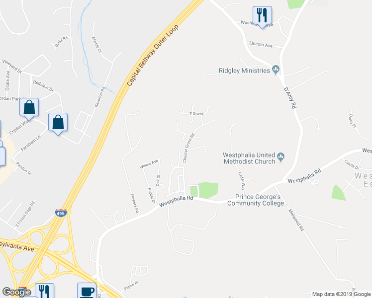 map of restaurants, bars, coffee shops, grocery stores, and more near 3199 Chester Grove Road in Upper Marlboro
