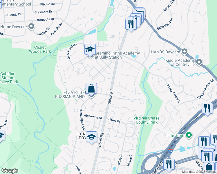 map of restaurants, bars, coffee shops, grocery stores, and more near 14672 Basingstoke Loop in Centreville