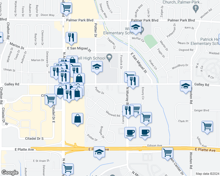map of restaurants, bars, coffee shops, grocery stores, and more near 4125 Galley Road in Colorado Springs