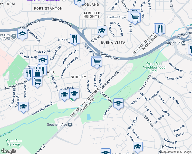 map of restaurants, bars, coffee shops, grocery stores, and more near 3438 23rd Street Southeast in Washington