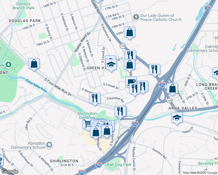 map of restaurants, bars, coffee shops, grocery stores, and more near 2470 South Lowell Street in Arlington