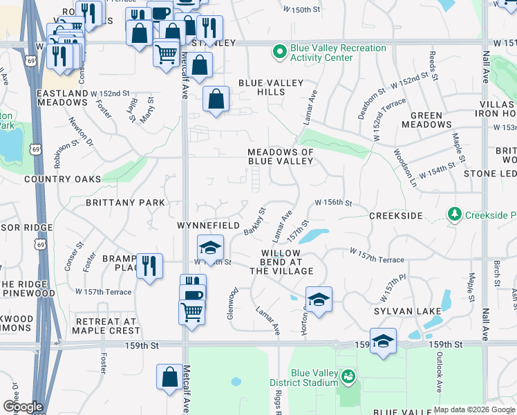 map of restaurants, bars, coffee shops, grocery stores, and more near 15612 Barkley Street in Overland Park