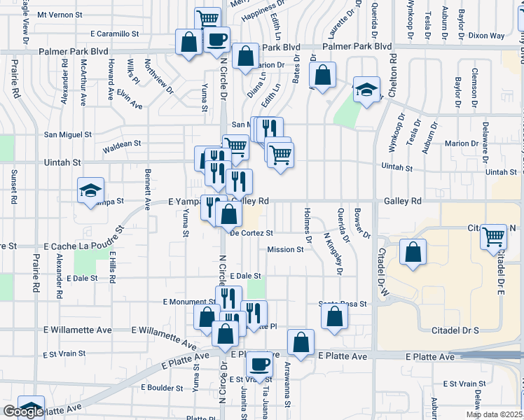 map of restaurants, bars, coffee shops, grocery stores, and more near 3005 Galley Road in Colorado Springs