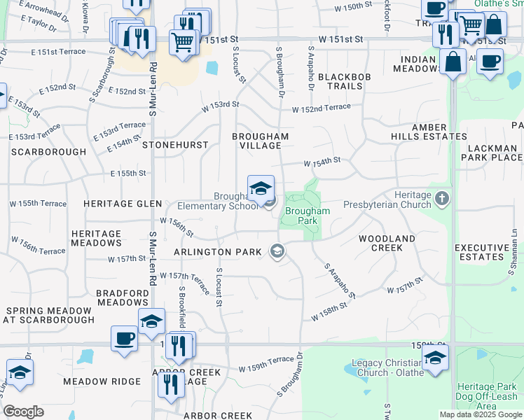map of restaurants, bars, coffee shops, grocery stores, and more near 15500 South Brougham Drive in Olathe