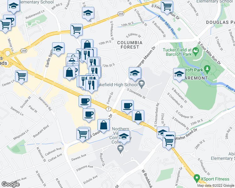 map of restaurants, bars, coffee shops, grocery stores, and more near 3548 South George Mason Drive in Alexandria