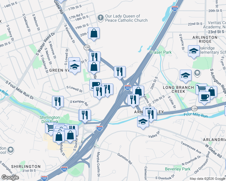 map of restaurants, bars, coffee shops, grocery stores, and more near 2480 South Glebe Road in Arlington