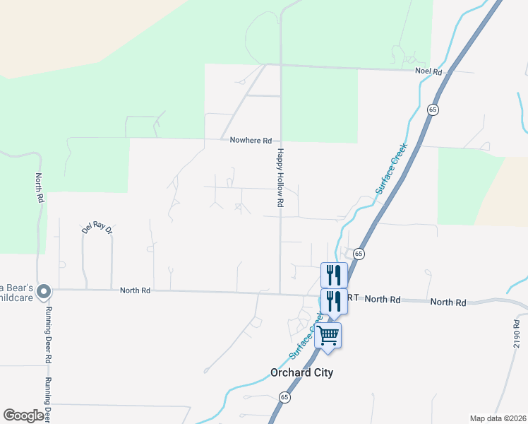 map of restaurants, bars, coffee shops, grocery stores, and more near 21177 Navajo Road in Orchard City