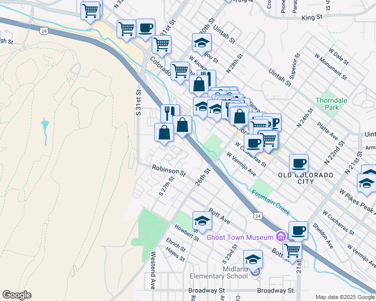 map of restaurants, bars, coffee shops, grocery stores, and more near 2655 Ore Mill Road in Colorado Springs