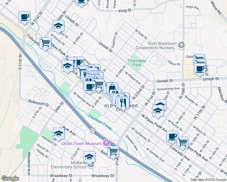 map of restaurants, bars, coffee shops, grocery stores, and more near 2311 West Kiowa Street in Colorado Springs