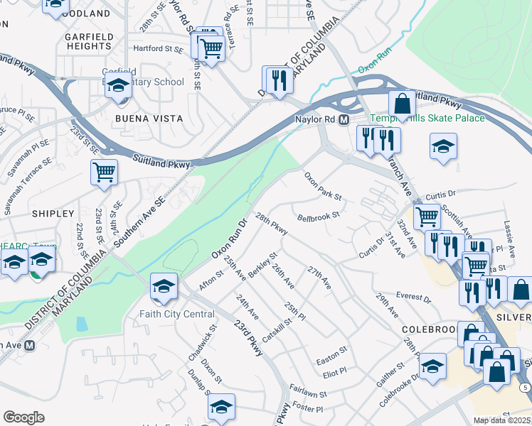 map of restaurants, bars, coffee shops, grocery stores, and more near 2602 Afton Street in Temple Hills