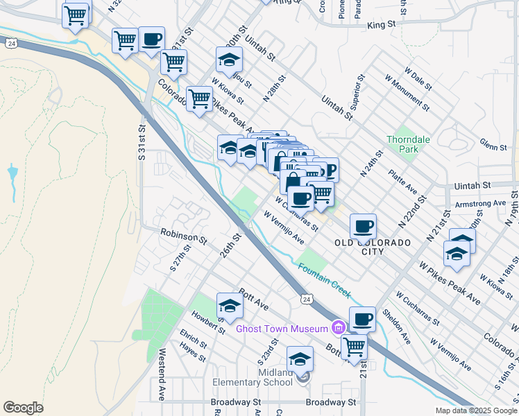 map of restaurants, bars, coffee shops, grocery stores, and more near W Vermijo Ave & S 26th St in Colorado Springs