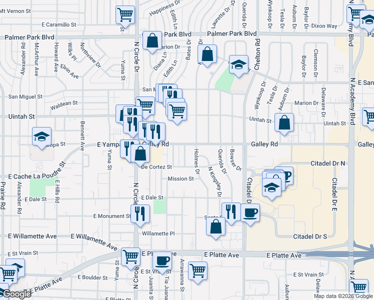 map of restaurants, bars, coffee shops, grocery stores, and more near 3107 Galley Road in Colorado Springs