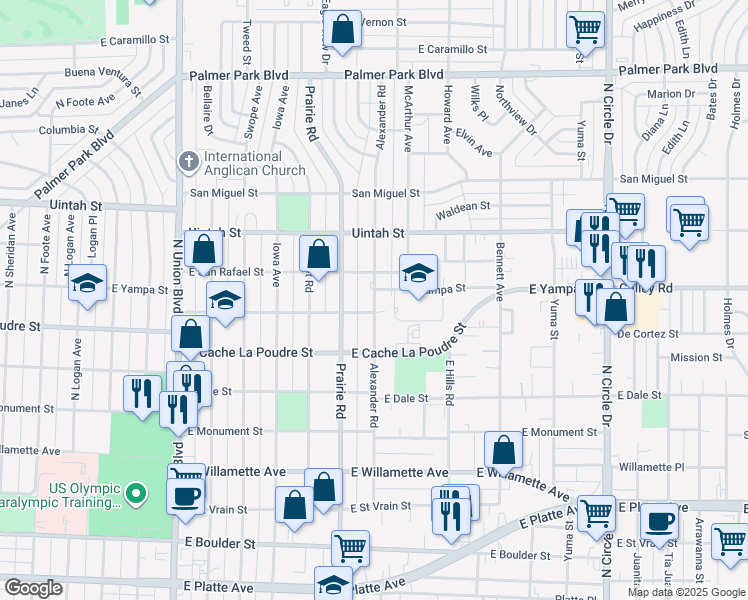 map of restaurants, bars, coffee shops, grocery stores, and more near 1015 Alexander Road in Colorado Springs