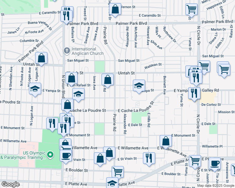 map of restaurants, bars, coffee shops, grocery stores, and more near 1017 Prairie Road in Colorado Springs