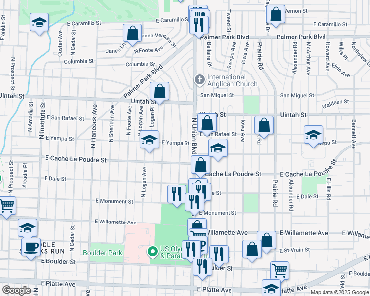 map of restaurants, bars, coffee shops, grocery stores, and more near 1718 East Yampa Street in Colorado Springs