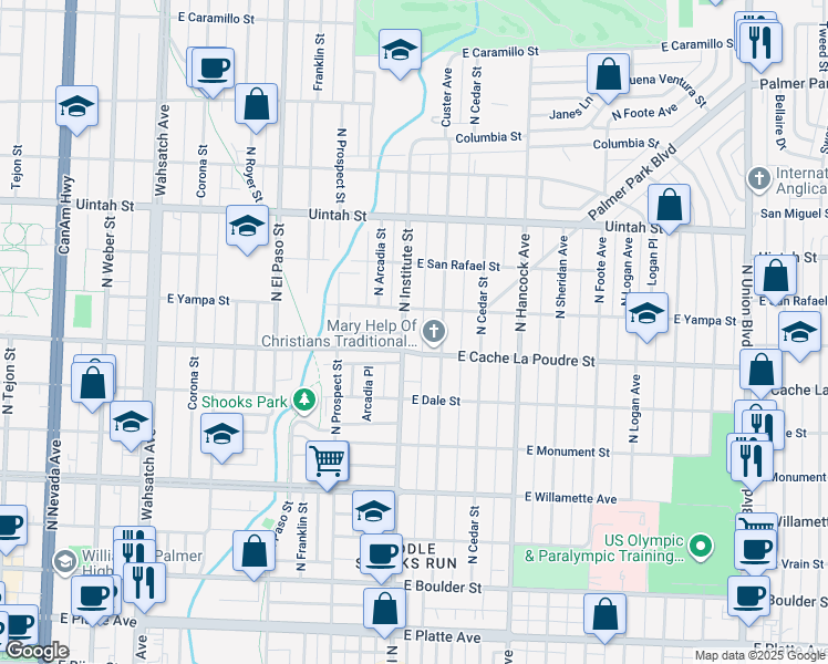 map of restaurants, bars, coffee shops, grocery stores, and more near 924 Custer Avenue in Colorado Springs