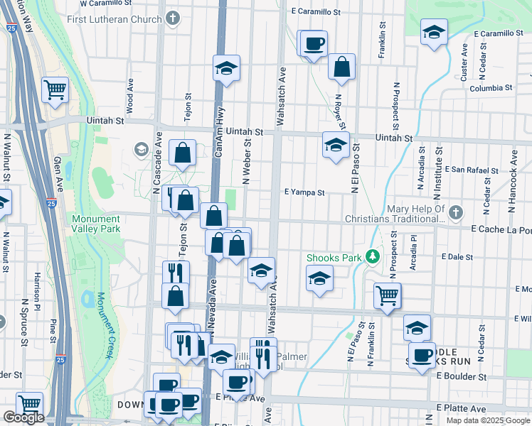 map of restaurants, bars, coffee shops, grocery stores, and more near 919 North Weber Street in Colorado Springs