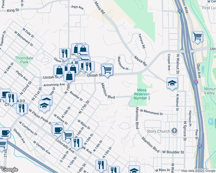 map of restaurants, bars, coffee shops, grocery stores, and more near 1634 Manitou Boulevard in Colorado Springs