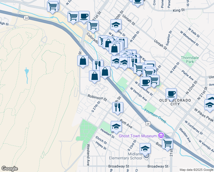map of restaurants, bars, coffee shops, grocery stores, and more near 2725 Ore Mill Road in Colorado Springs