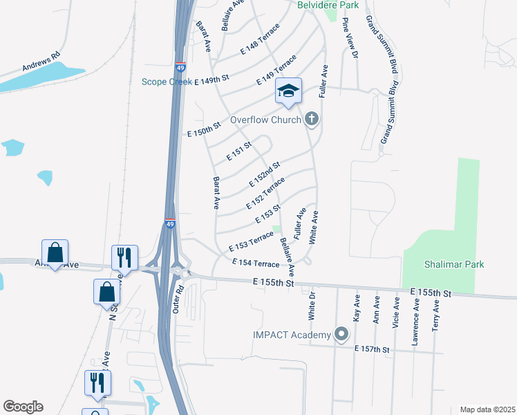 map of restaurants, bars, coffee shops, grocery stores, and more near 6108b East 152 Terrace in Grandview