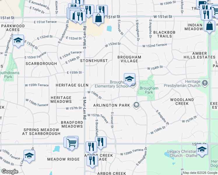 map of restaurants, bars, coffee shops, grocery stores, and more near 16663 West 155th Terrace in Olathe