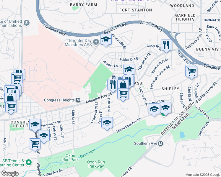 map of restaurants, bars, coffee shops, grocery stores, and more near 3281 15th Place Southeast in Washington