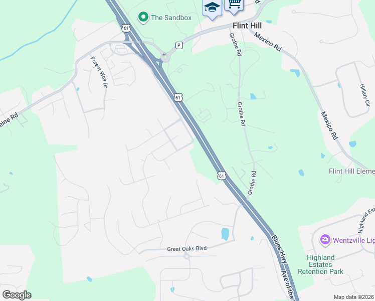 map of restaurants, bars, coffee shops, grocery stores, and more near 436 Jockeys Run in Wentzville