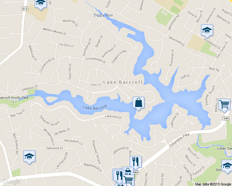 map of restaurants, bars, coffee shops, grocery stores, and more near 6355 Waterway Dr in Falls Church