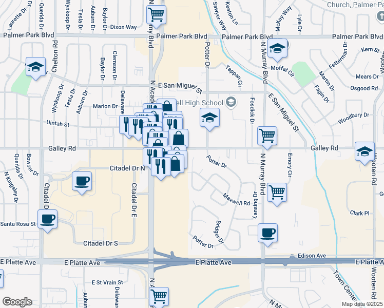 map of restaurants, bars, coffee shops, grocery stores, and more near 912 Maxwell Lane in Colorado Springs