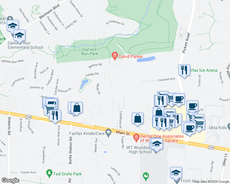 map of restaurants, bars, coffee shops, grocery stores, and more near 3808 Estel Road in Fairfax