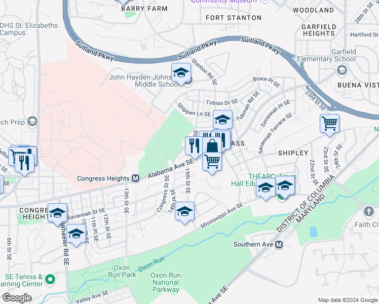 map of restaurants, bars, coffee shops, grocery stores, and more near 3281 15th Place Southeast in Washington