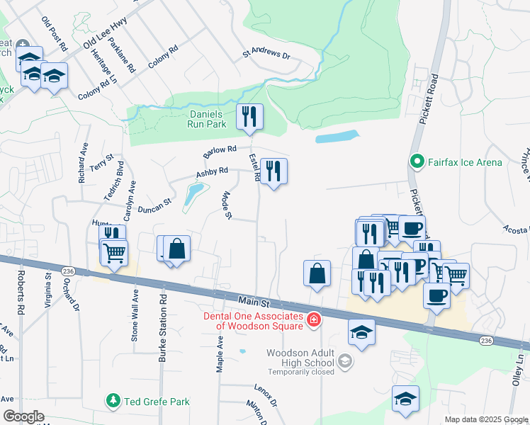 map of restaurants, bars, coffee shops, grocery stores, and more near 3808 Estel Road in Fairfax