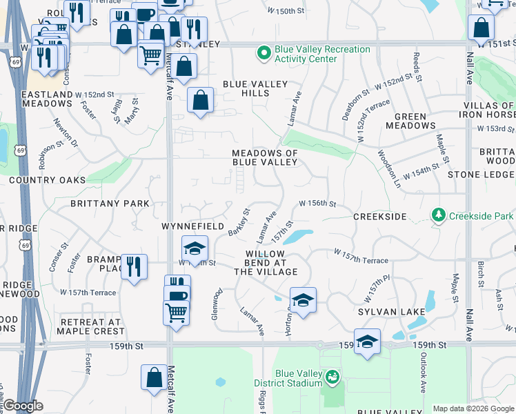 map of restaurants, bars, coffee shops, grocery stores, and more near 6602 West 156th Street in Overland Park