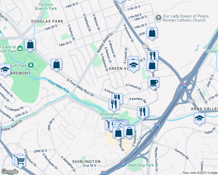 map of restaurants, bars, coffee shops, grocery stores, and more near 2444 South Oakland Street in Arlington