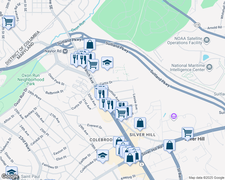 map of restaurants, bars, coffee shops, grocery stores, and more near 3110 Scottish Avenue in Hillcrest Heights