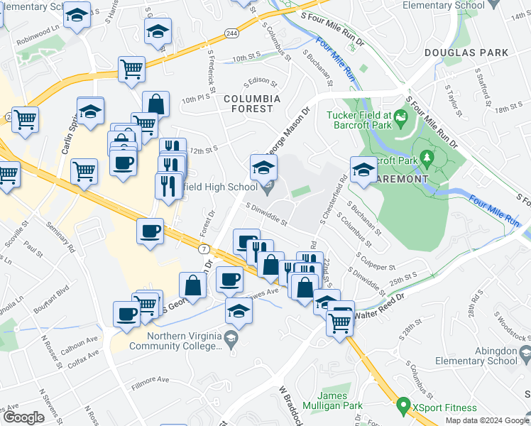 map of restaurants, bars, coffee shops, grocery stores, and more near 14th Street South in Alexandria