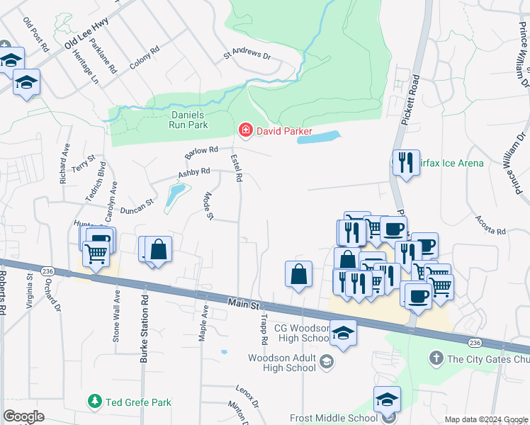 map of restaurants, bars, coffee shops, grocery stores, and more near 3790 Lyndhurst Drive in Fairfax