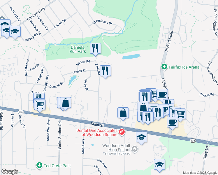 map of restaurants, bars, coffee shops, grocery stores, and more near 3790 Lyndhurst Drive in Fairfax