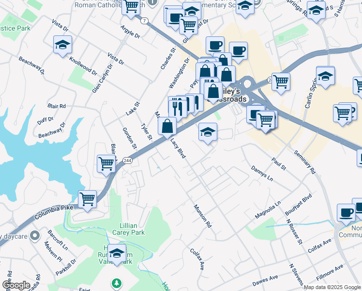 map of restaurants, bars, coffee shops, grocery stores, and more near 3531 Lacy Boulevard in Falls Church