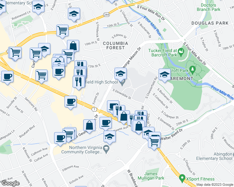 map of restaurants, bars, coffee shops, grocery stores, and more near 1320 South Dinwiddie Street in Arlington