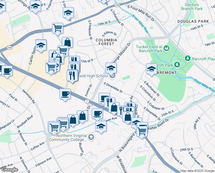 map of restaurants, bars, coffee shops, grocery stores, and more near 1320 South Dinwiddie Street in Arlington
